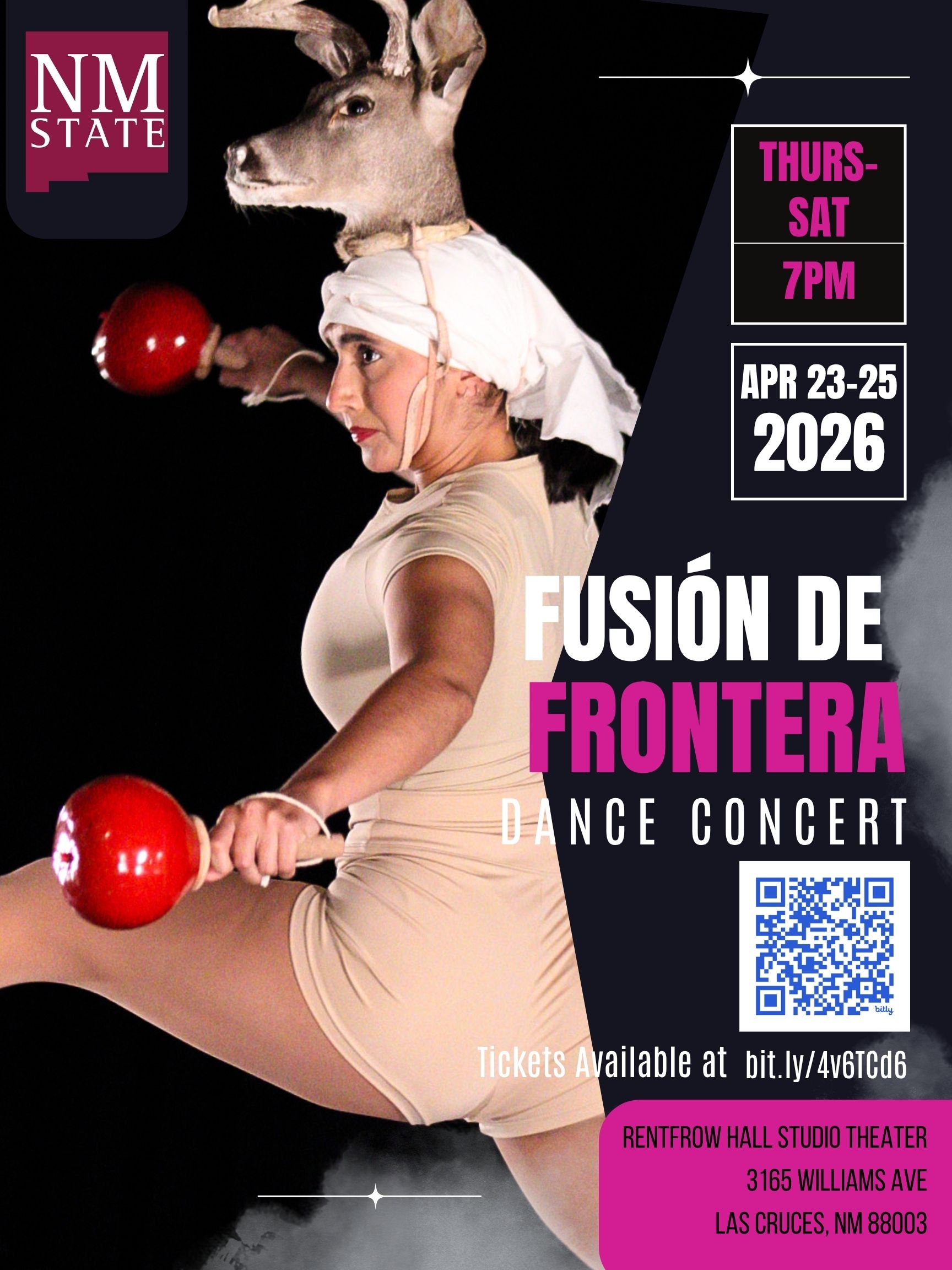 Poster for NM State “Fusión de Frontera” dance concert featuring a performer in a deer headpiece holding red maracas, with dates Apr 23–25, 2026 and showtime 7 PM.
